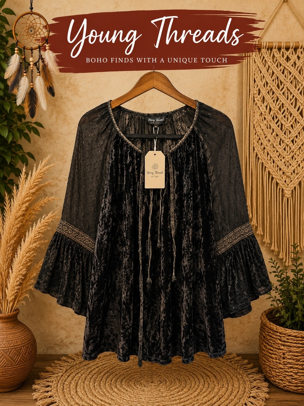 211 Young Threads Black Velvet Boho Tunic Top
